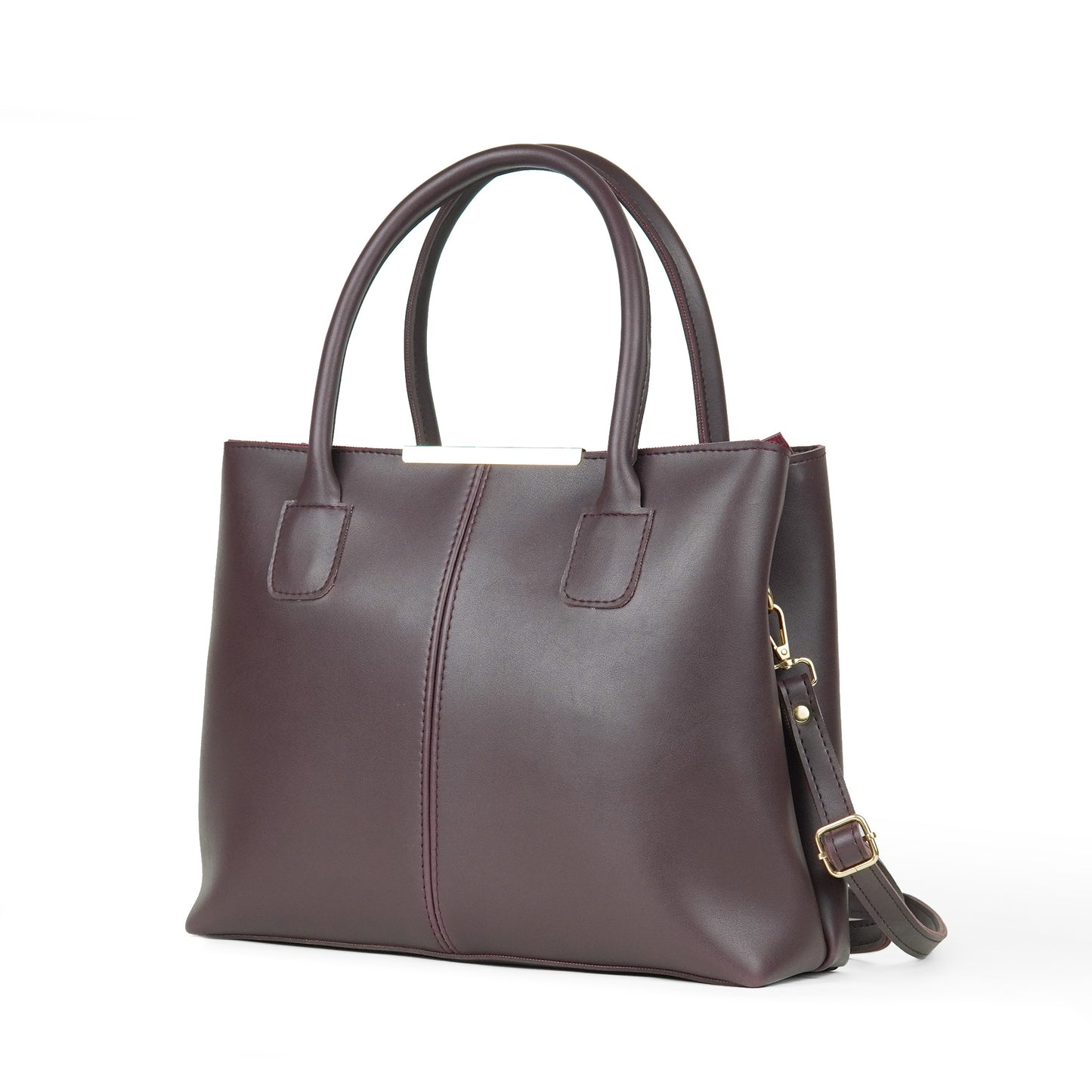 Maroon leather handbag with a strap on a white background